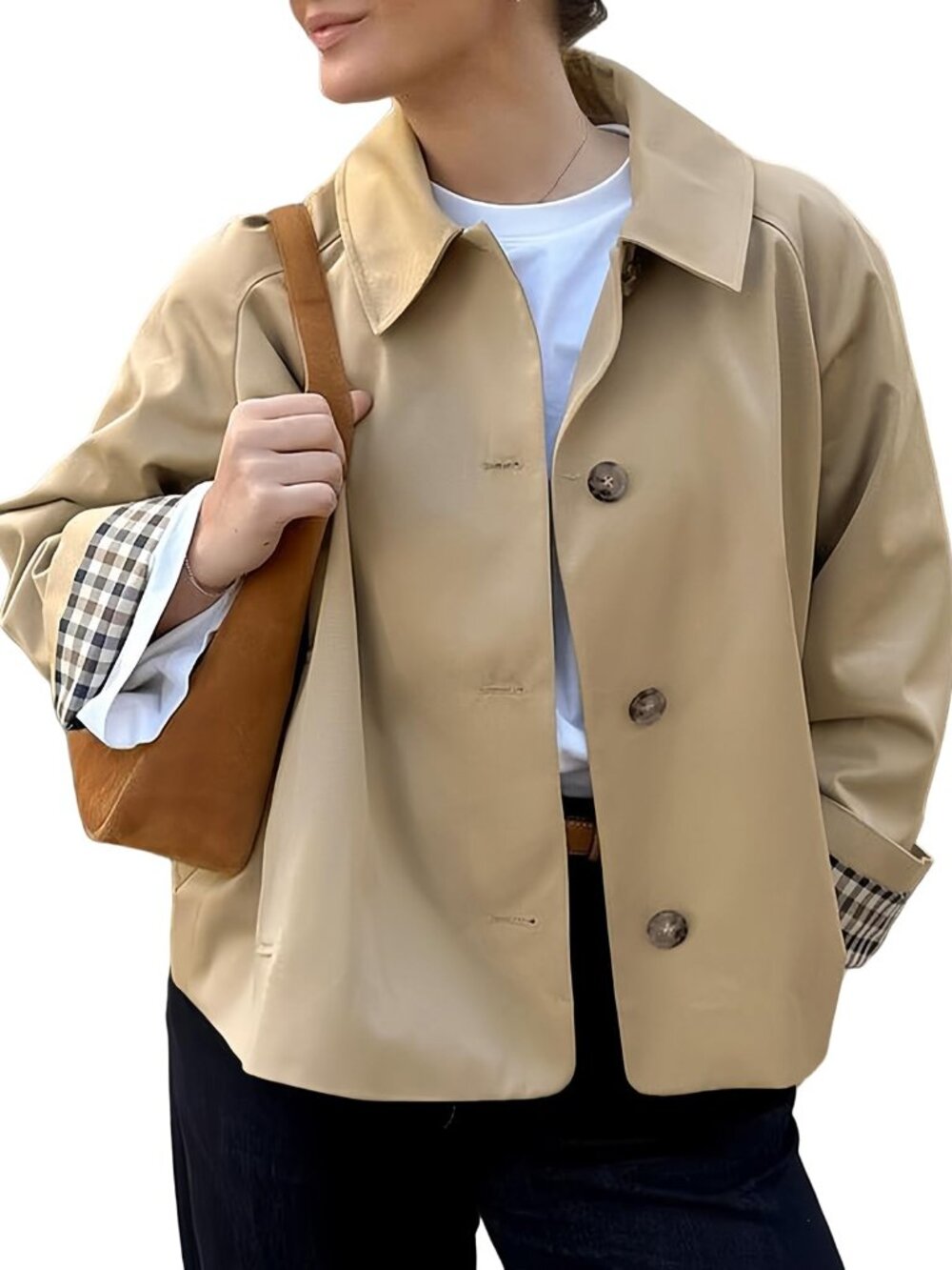 🆕 Women Crop Trench Coat Single Breasted Check Lining Lightweight Barn Jackets
